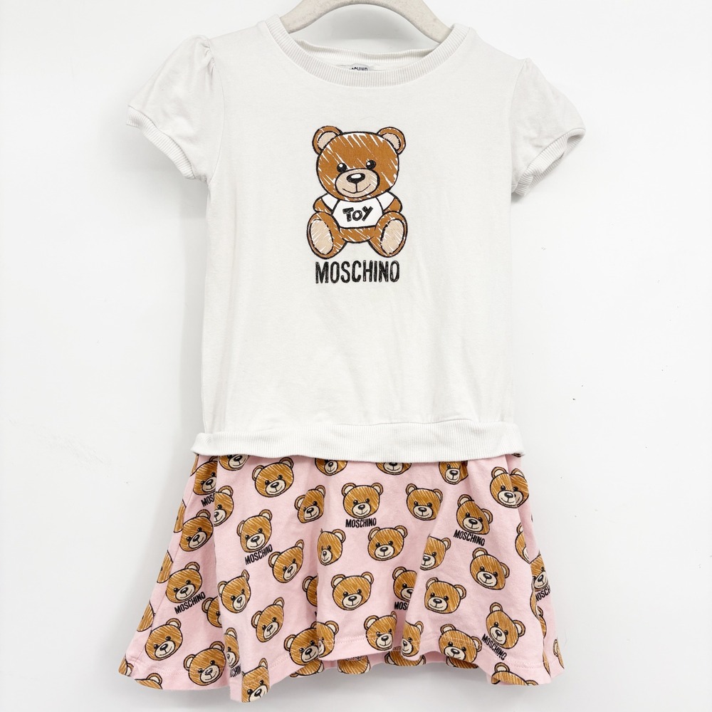 Moschino Baby Girls Toy Bear White Pink Designer Puff Sleeve Dress Size 3Y